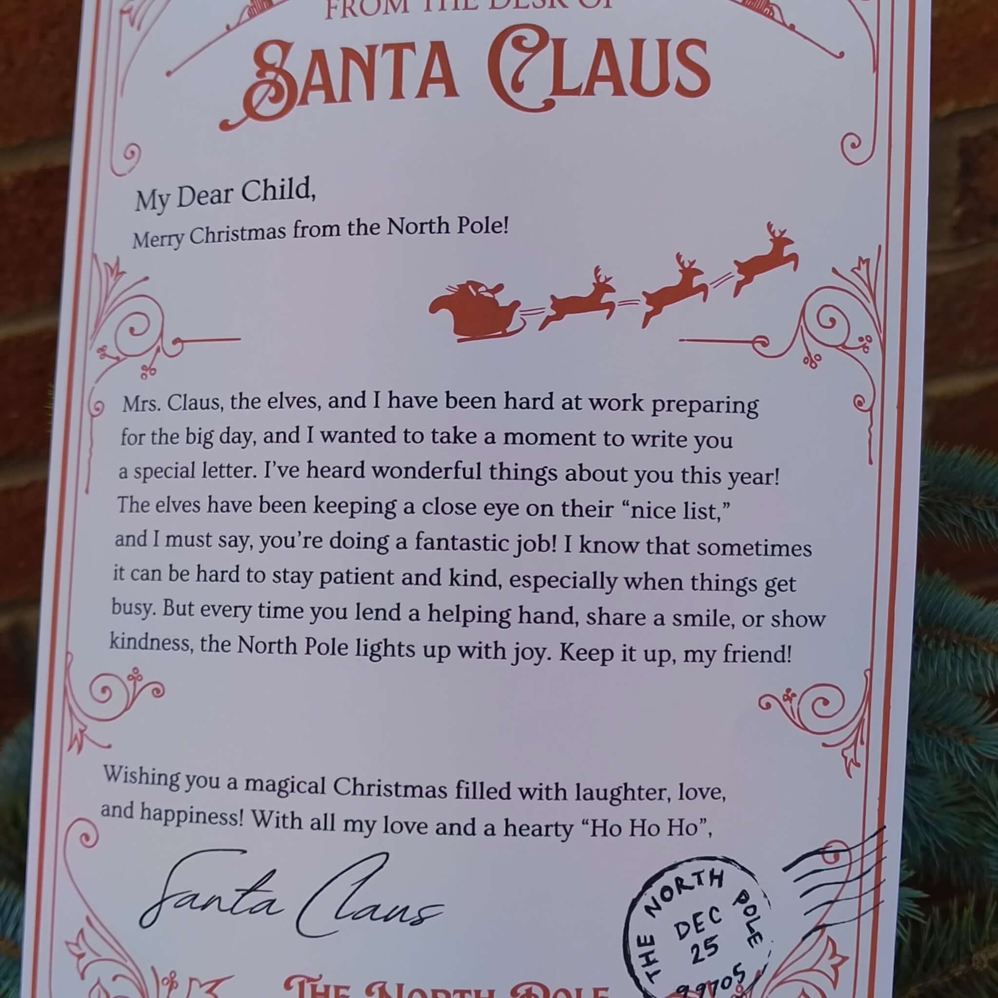 Personalised Santa letter featuring festive message from Santa Claus, North Pole Christmas keepsake