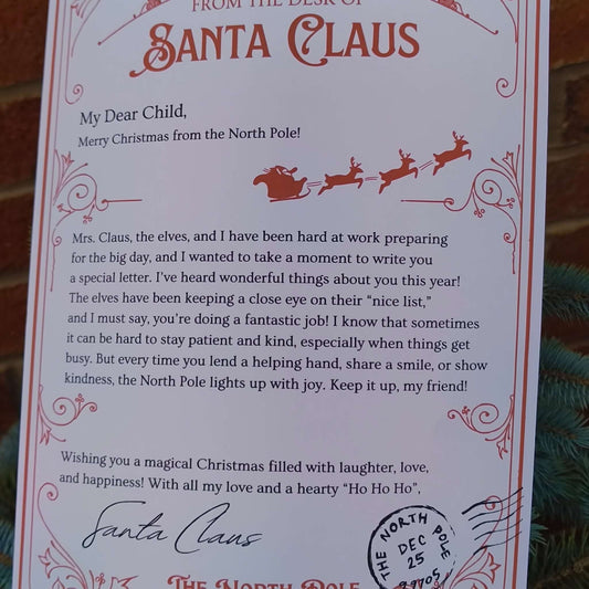Personalised Santa letter featuring festive message from Santa Claus, North Pole Christmas keepsake