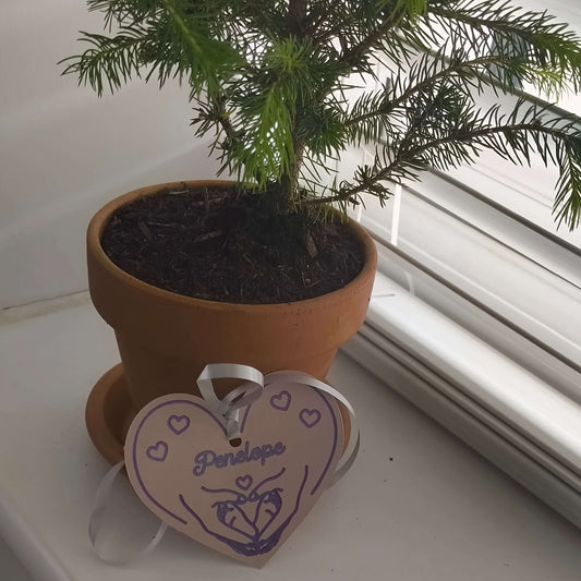Personalised baby gift tag in heart shape with name 'Penelope' hanging from a potted plant.