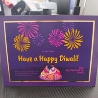 Personalised Diwali card with colourful fireworks, a family lighting diyas, and a festive message. Custom greeting from your family.