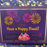 Personalised Diwali card with colourful fireworks, festive background lights, and a family lighting diyas. Includes a custom greeting message.