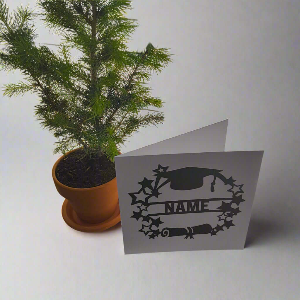 Side angle photo of a personalised graduation card with black glitter cap and stars, displayed next to a small potted plant on a white background.