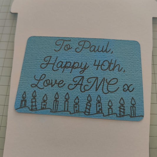 Personalised insert for coffee cup gift card holder in blue with birthday message and candle design.