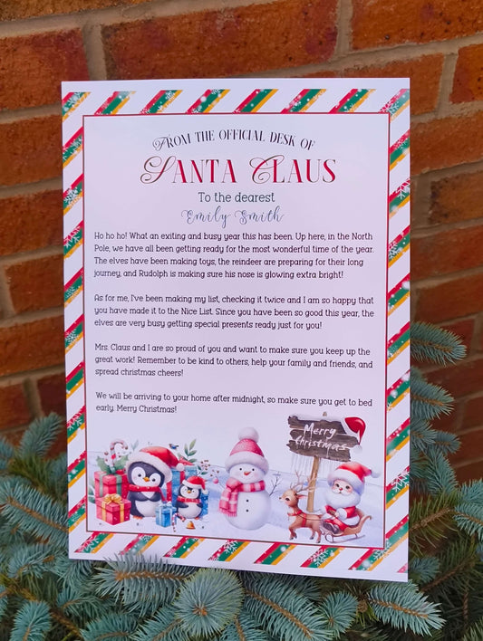 Personalised Letter from Santa Claus with Christmas border, festive snowman and penguin design, and a sweet message congratulating a child for being on the Nice List.