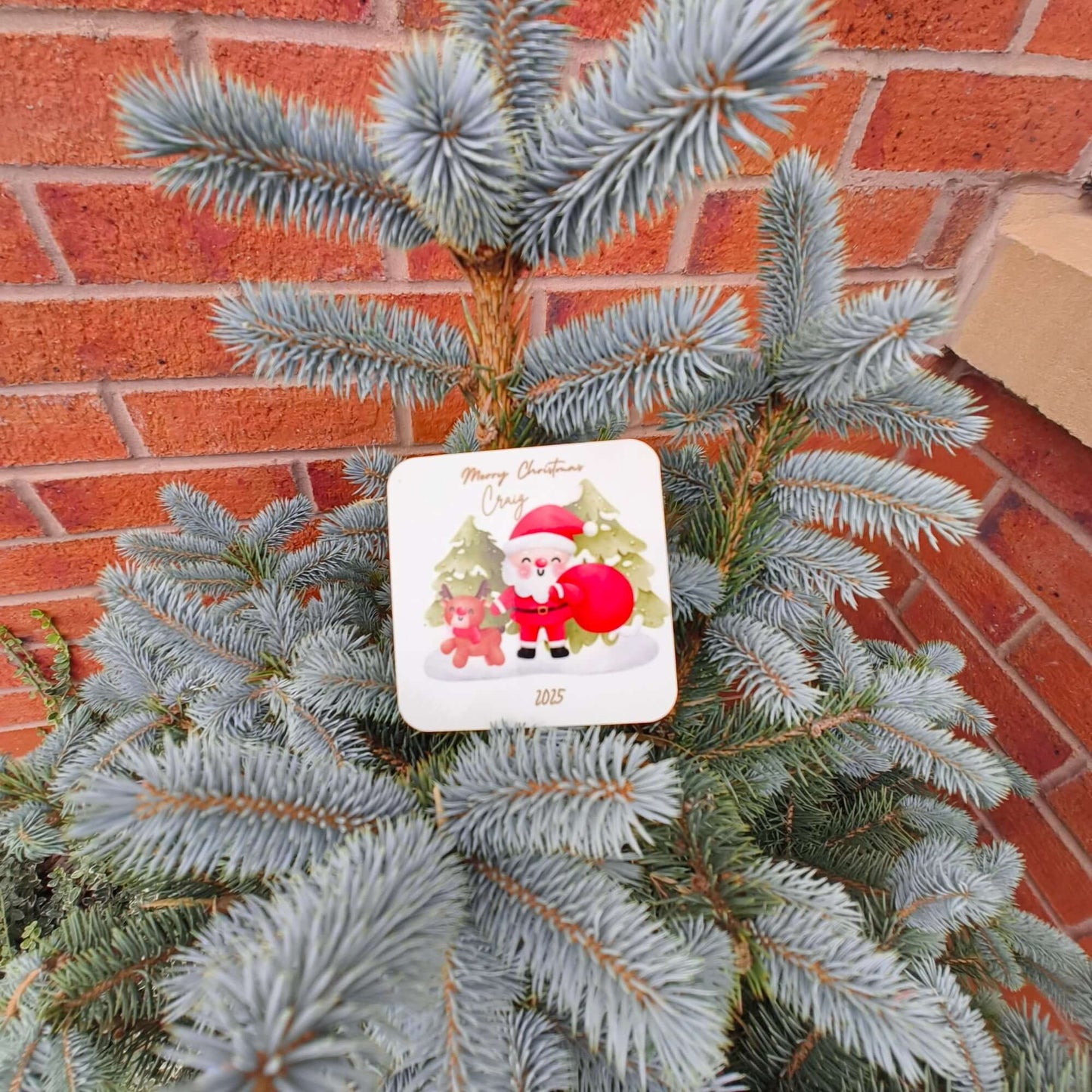 Personalised Santa Christmas coaster with name and year, displayed on a small fir tree outdoors.