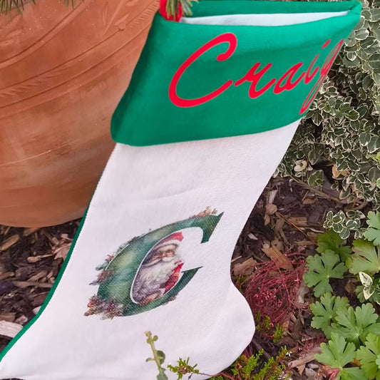 Personalised Vintage Santa Christmas Stocking with name Craig and Santa illustration, perfect for Christmas decor.