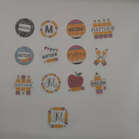 Personalised school name stickers for kids with playful designs, featuring names and school-themed motifs.