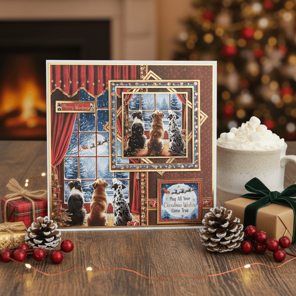 Decorative Christmas card with dogs by a window, surrounded by festive items like a mug of hot chocolate and pine cones.