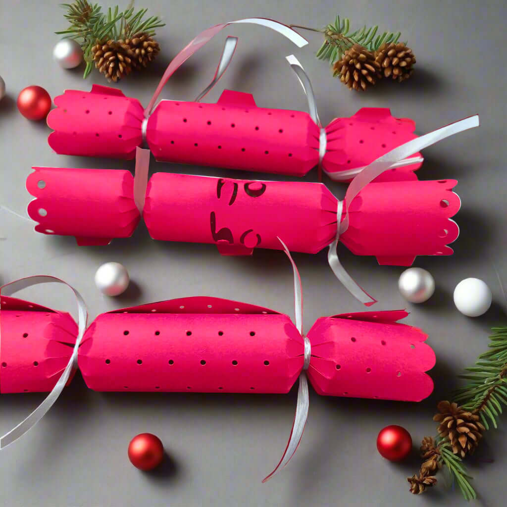 Bright red cardstock Christmas crackers with cut-out dots and scalloped ends, styled with pinecones, greenery, and baubles.