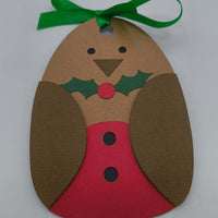 Handmade robin Christmas gift tag with green ribbon, ready to attach to presents.