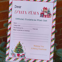 Festive Santa Claus Christmas wish list sheet with colourful candy stripe border, Christmas tree, and section for children to write what they would like for Christmas.