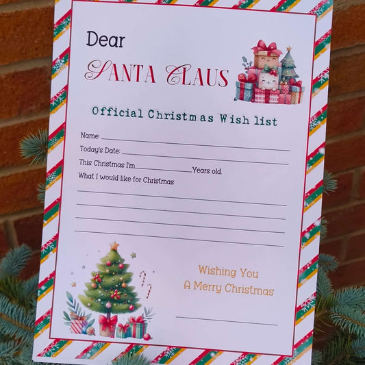 Festive Santa Claus Christmas wish list sheet with colourful candy stripe border, Christmas tree, and section for children to write what they would like for Christmas.