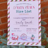 Santa Claus Nice List certificate with festive border, elf and reindeer illustration, signed by Santa and Elf Administrator, personalised with childβs name for Christmas keepsake.