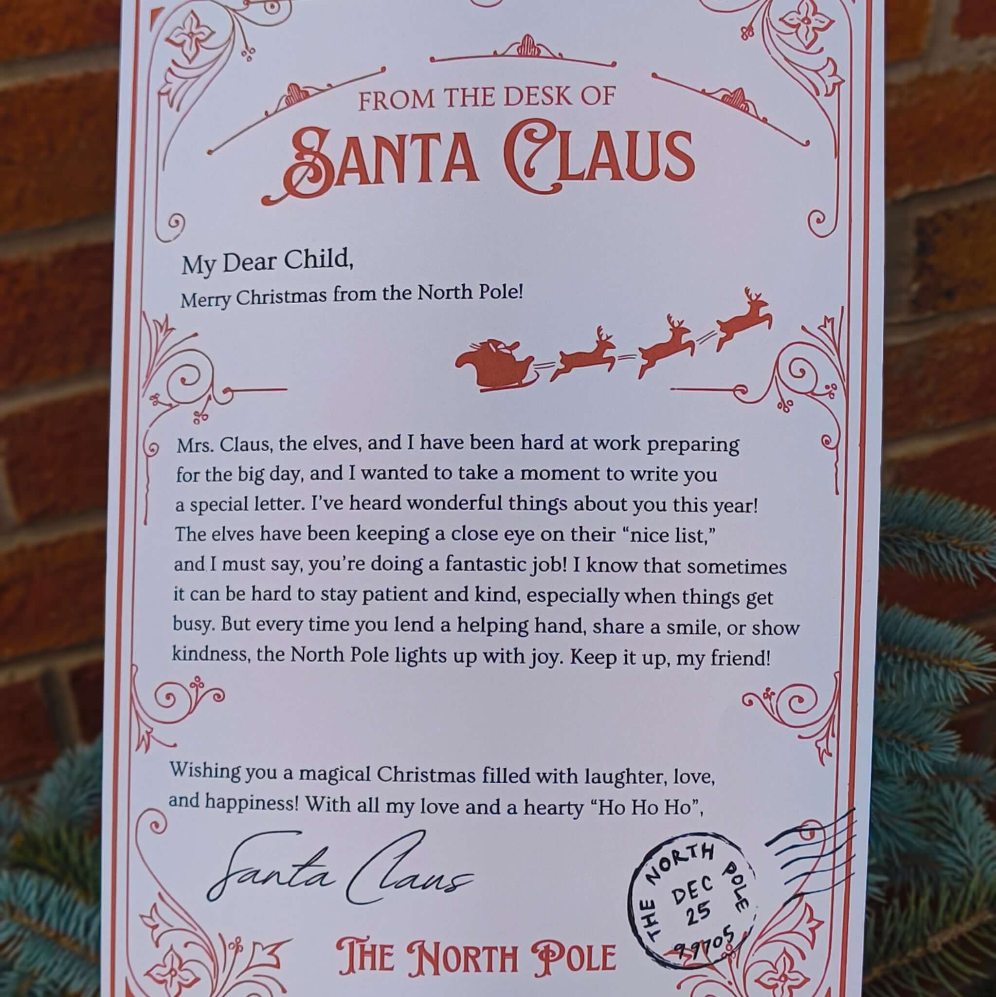 Personalised Santa letter from the North Pole with festive design and heartfelt message for children.