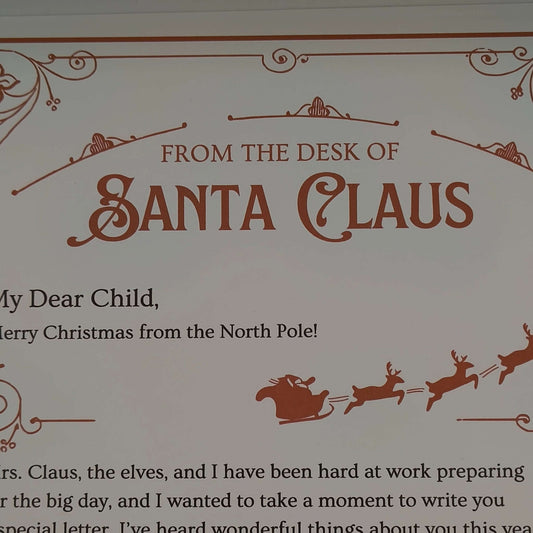 Personalised Santa letter showing festive design and message from Santa Claus, perfect Christmas keepsake.