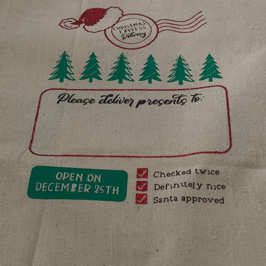 Personalised Santa sack design featuring Christmas delivery motifs and space for a child's name.