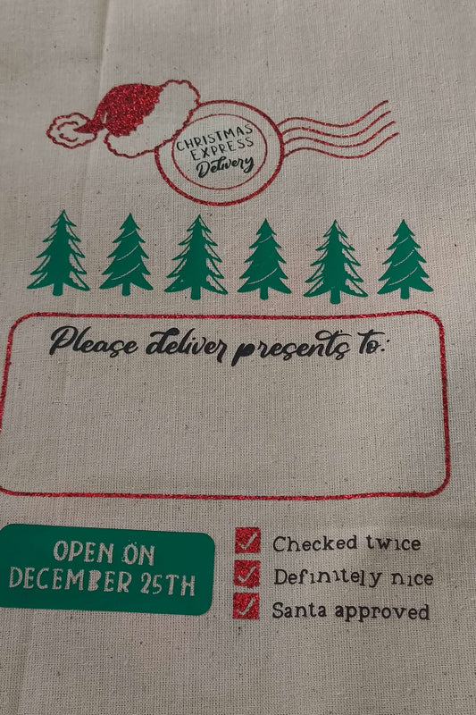 Personalised Santa sack design featuring Christmas delivery theme and checks for nice children.