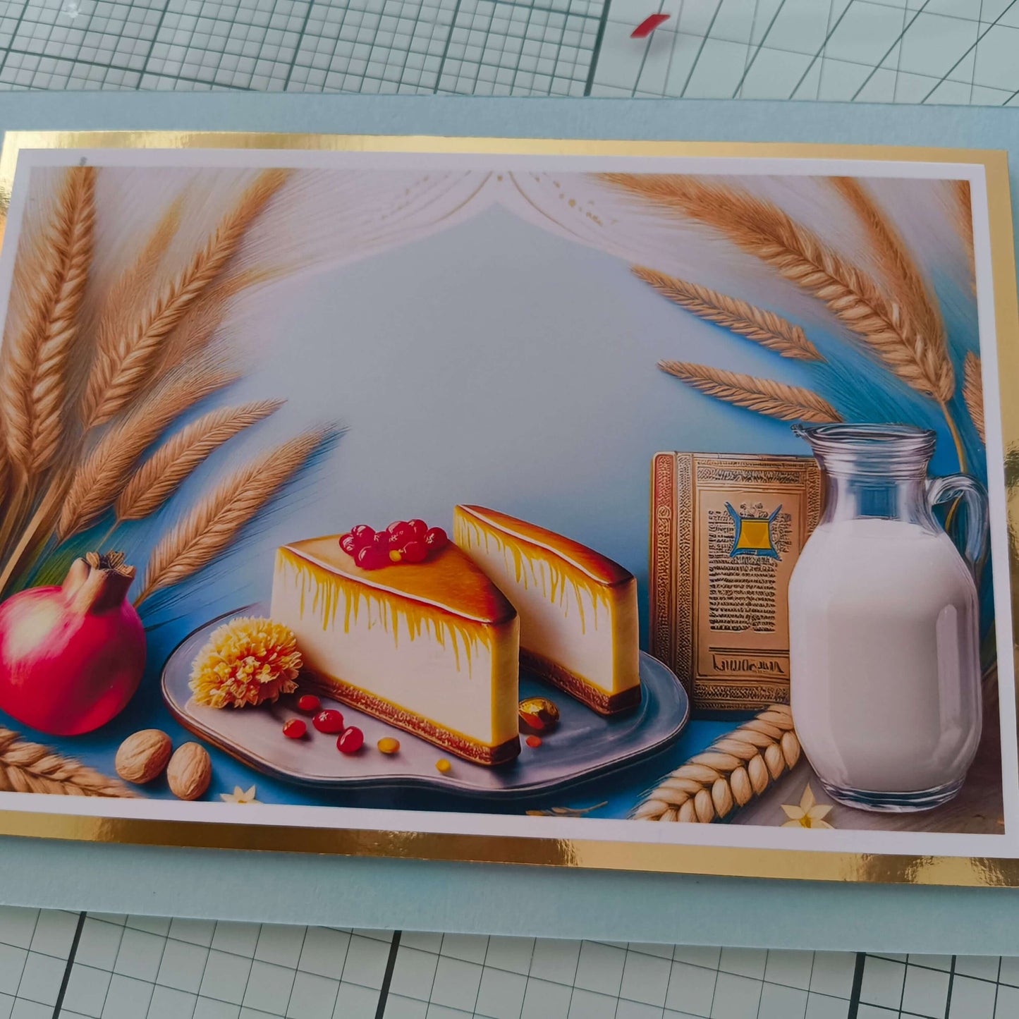 Handmade Shavuot greeting card featuring two slices of cheesecake, a milk jug, a pomegranate, wheat stalks, nuts, and a prayer book, displayed on a light background.