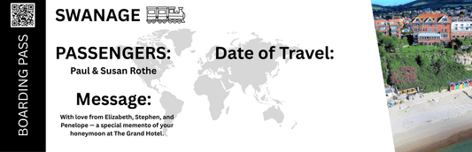 Swanage boarding pass gift card keepsake with train motif, passenger names, heartfelt message, and The Grand Hotel photograph, designed as a honeymoon memento.