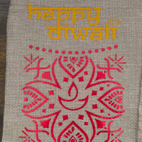 Personalised hessian bag with 'Happy Diwali' text and decorative red design, perfect for Diwali gifts.