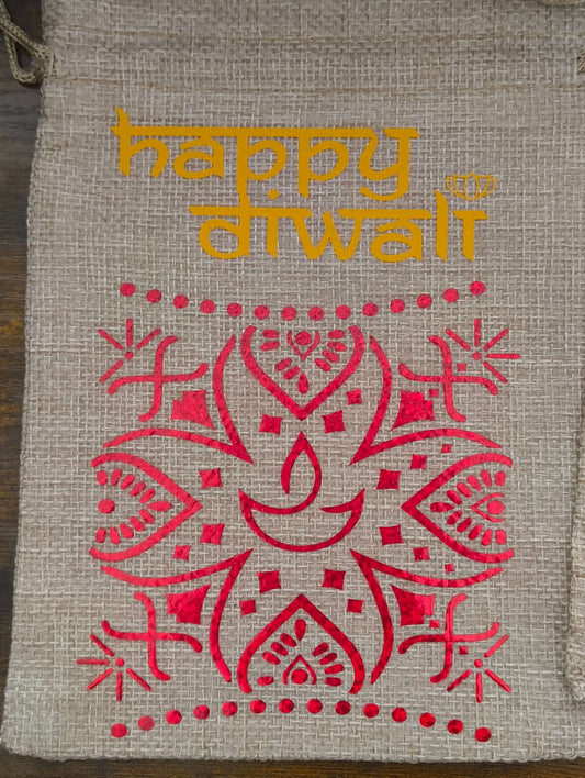 Personalised hessian bag with 'Happy Diwali' text and decorative red design, perfect for Diwali gifts.