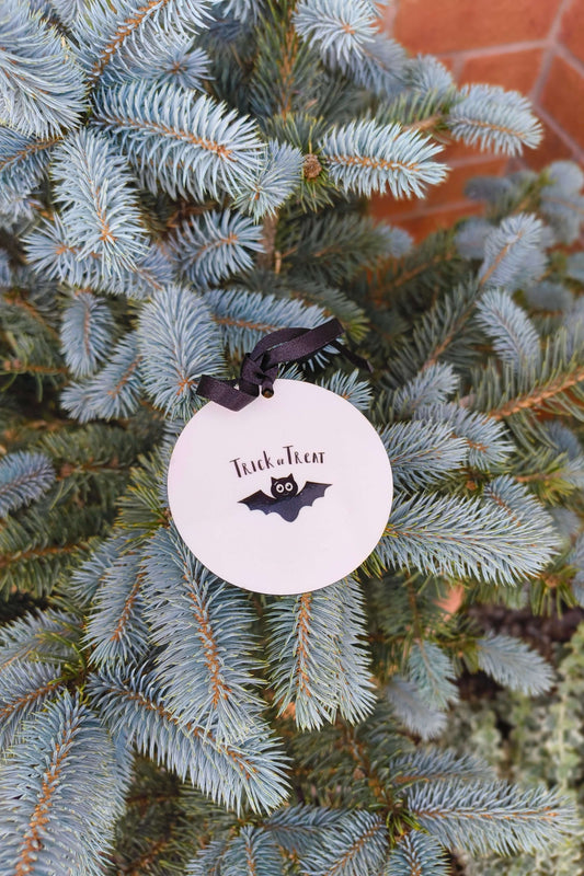 Trick or Treat Halloween bauble with black bat print, hanging on outdoor evergreen branch.