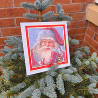 Traditional Santa Advent Calendar with red and gold border, propped on a small outdoor Christmas tree in a terracotta pot against a brick wall background.