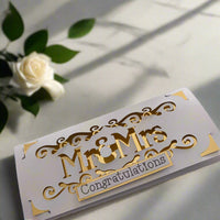 Handmade wedding money holder envelope with gold foiled Mr & Mrs design and Congratulations sentiment, elegant, layered card detail.
