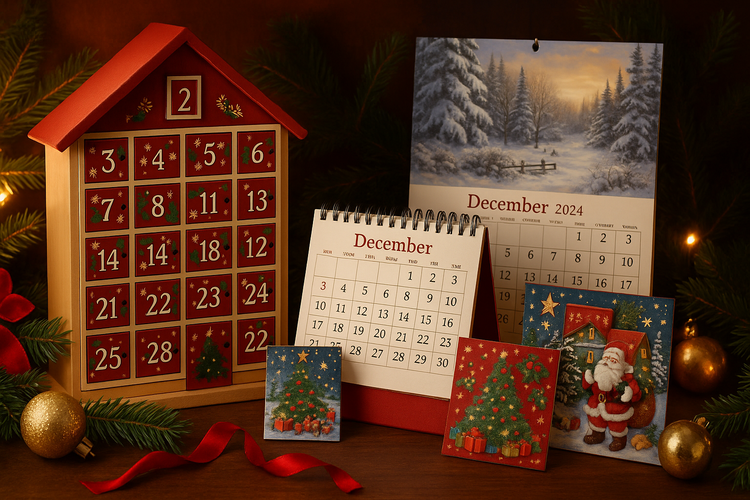 Christmas advent calendars including a wooden countdown calendar and decorative seasonal calendars.