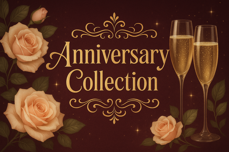 Romantic anniversary gifts collection featuring champagne glasses and elegant roses.