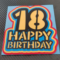18th birthday card with bold layered design featuring colorful 'Happy Birthday' text.