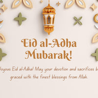 Eid al-Adha greeting card with festive lantern and floral decorations, expressing joy and blessings.