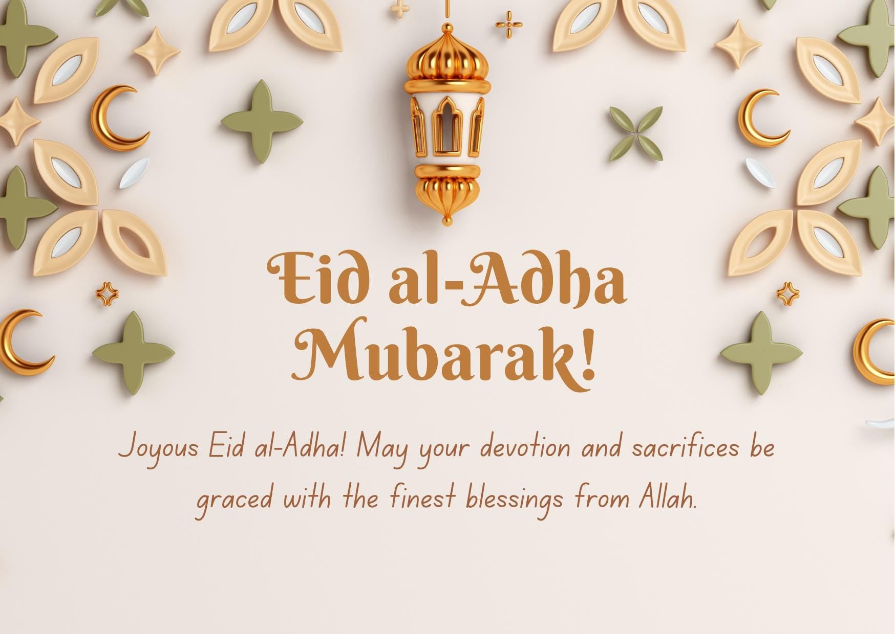 Eid al-Adha greeting card with festive lantern and floral decorations, expressing joy and blessings.