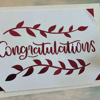 Congratulations card with burgundy leaf design, perfect for graduation or new job gift.