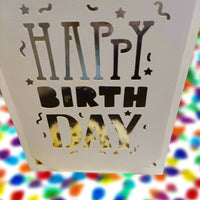 Close-up of a white laser-cut "Happy Birthday" card holder with colourful blurred background.


