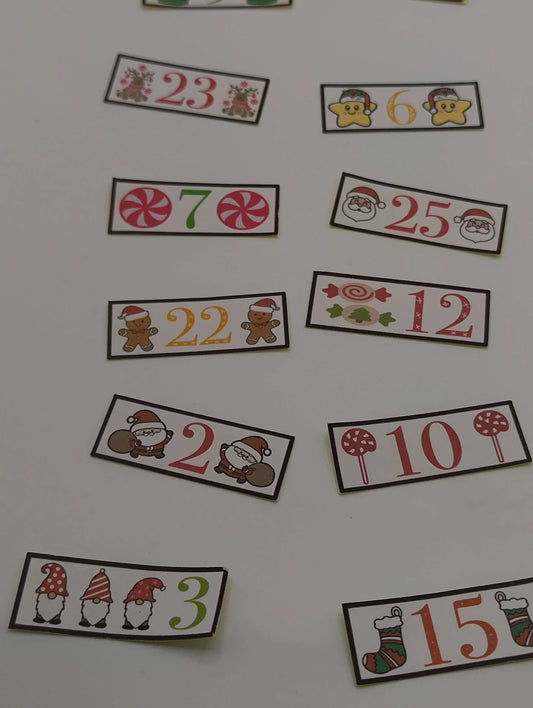Colourful numbered labels for a Christmas advent calendar featuring festive designs and characters.