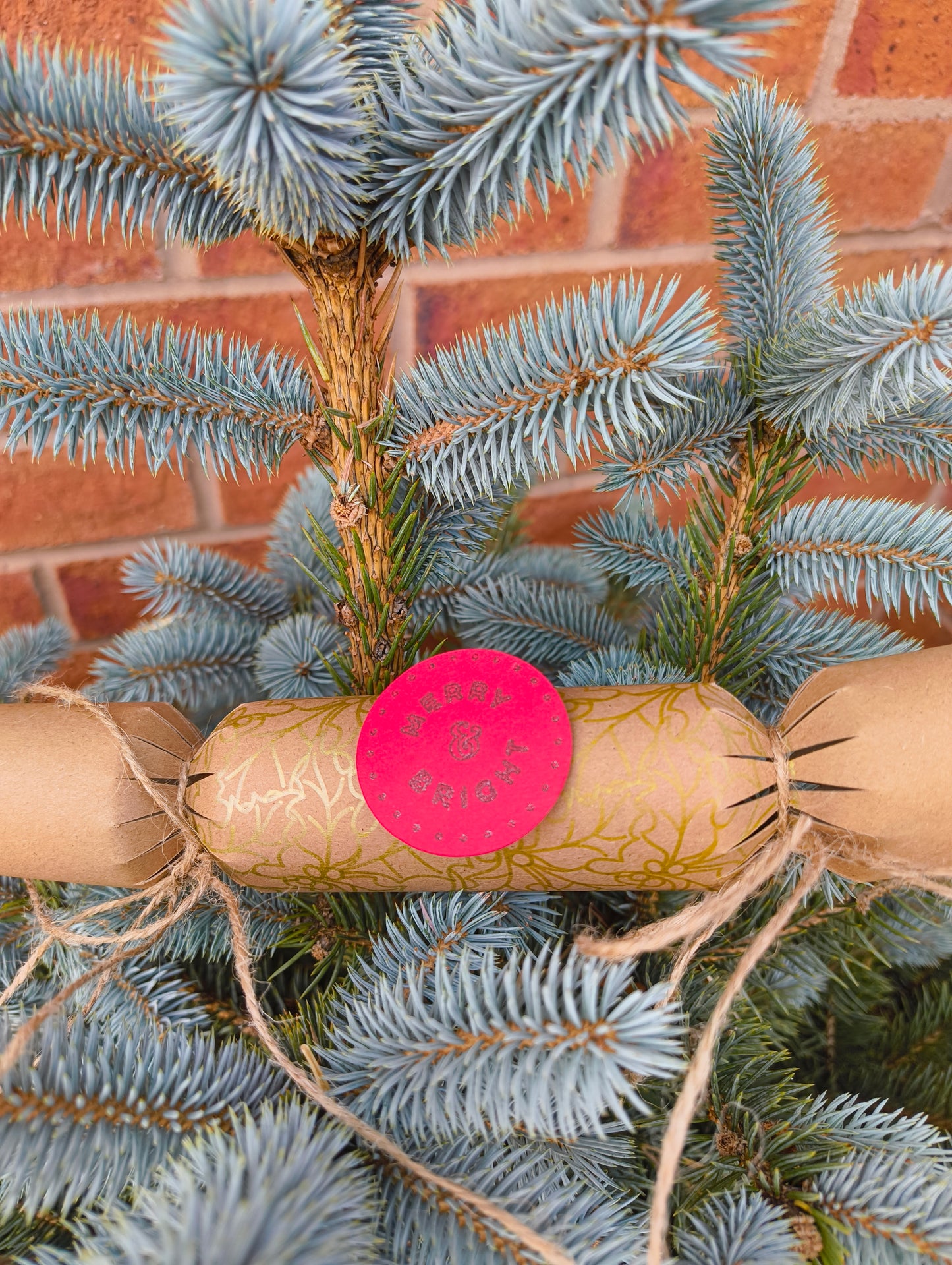 Eco-friendly Christmas crackers with gold holly design on a festive tree, showcasing rustic charm.
