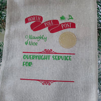 Personalised North Pole Delivery Sack featuring festive design, Naughty & Nice list, and overnight service details.