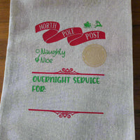 North Pole Santa Delivery Sack featuring 'Overnight Service For' design, ideal for personalised Christmas gifting.