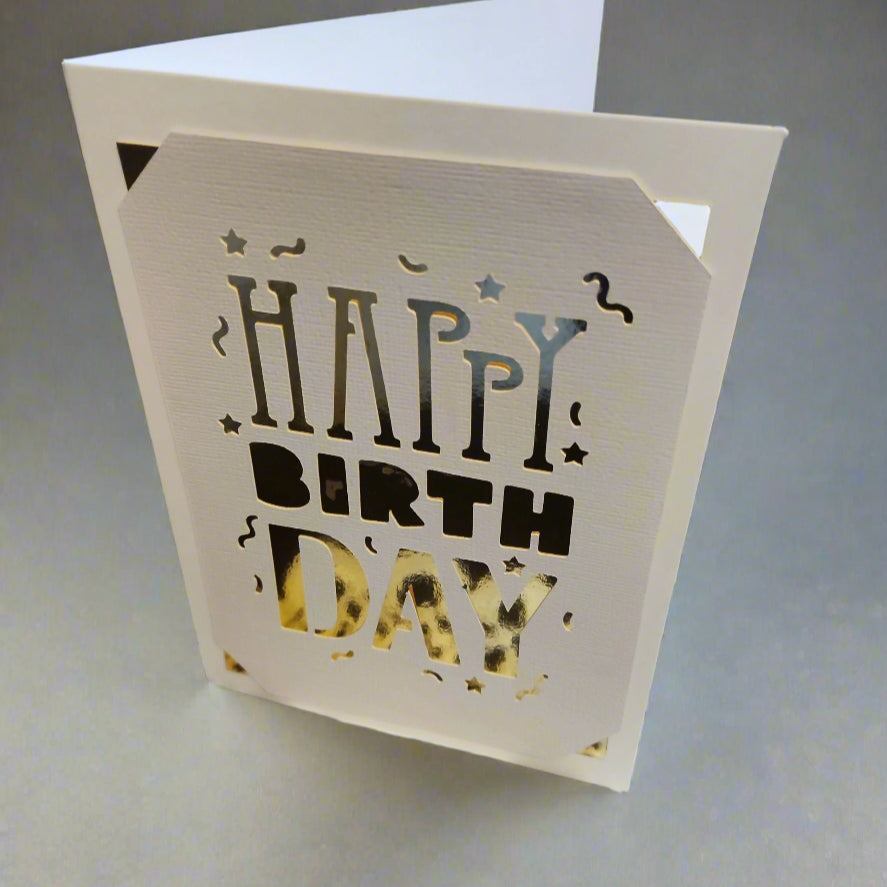 Open laser-cut "Happy Birthday" card holder.


