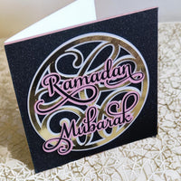 Handmade Glittery Ramadan Mubarak Card featuring elegant calligraphy on a stylish black background.