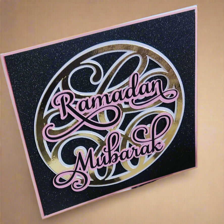 Handmade glittery Ramadan Mubarak card with elegant design and warm wishes for the holy month.