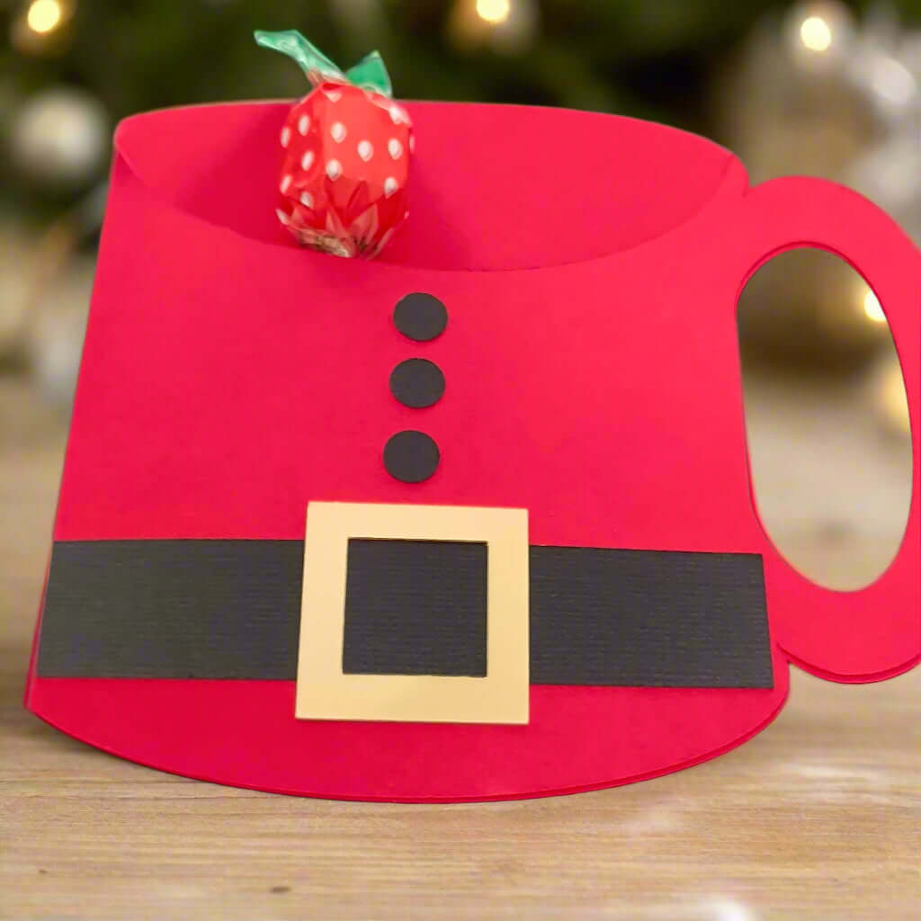 Handmade Santa suit mug-shaped gift card holder, ideal for Christmas gifts, stocking fillers, or festive table favours – chocolates not included – PezzyWezziesPrezzies holiday crafts.