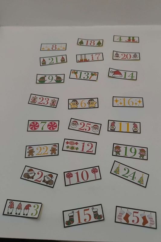 Full advent calendar set of 25 festive number labels with Christmas illustrations
