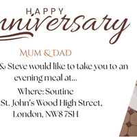 Happy Anniversary gift card invitation with elegant typography, message from family, and images of a fine dining meal at Soutine restaurant in London.