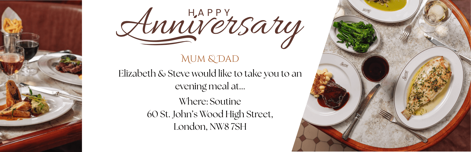 Happy Anniversary gift card invitation with elegant typography, message from family, and images of a fine dining meal at Soutine restaurant in London.