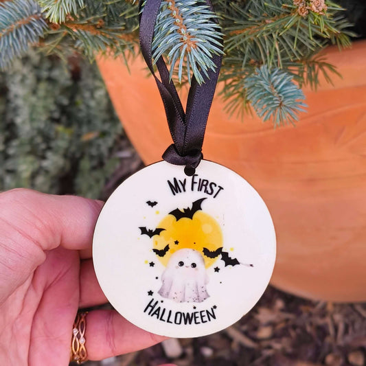 My First Halloween Ornament featuring a ghost and moon design, perfect for baby's first Halloween keepsake.