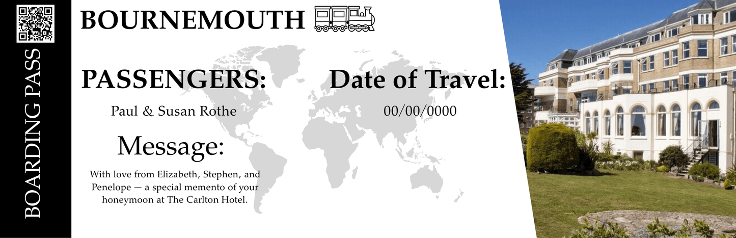 Custom Bournemouth boarding pass gift card with passenger names and heartfelt message, featuring The Carlton Hotel photo as a honeymoon keepsake.