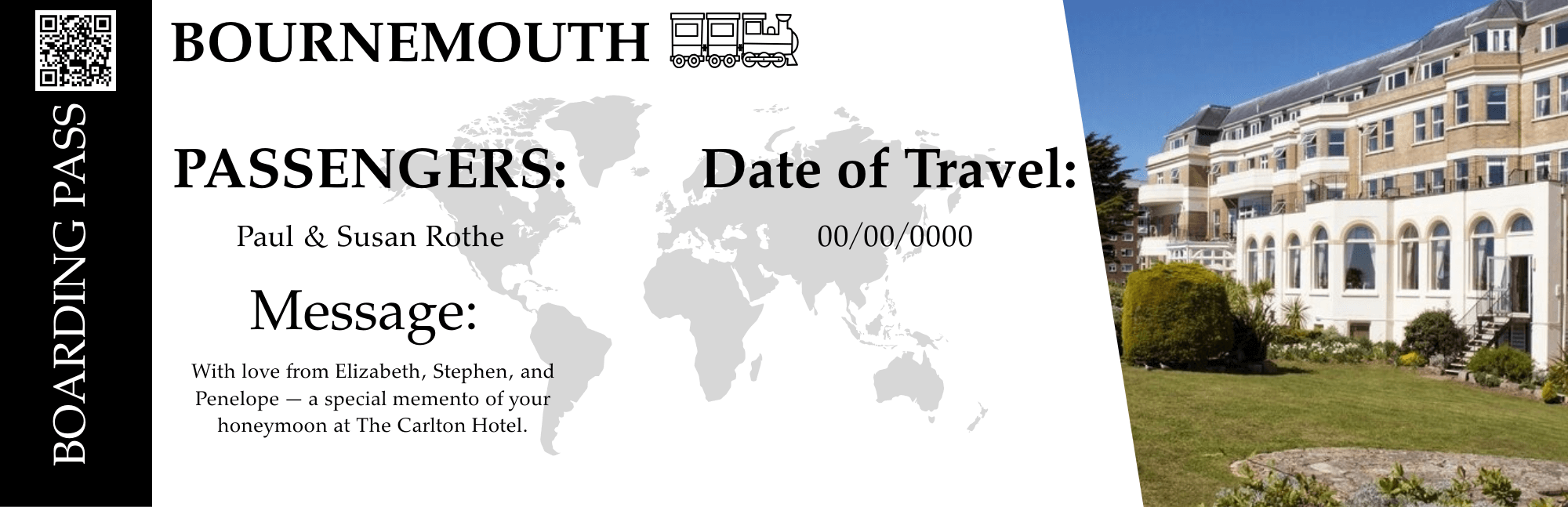 Custom Bournemouth boarding pass gift card with passenger names and heartfelt message, featuring The Carlton Hotel photo as a honeymoon keepsake.