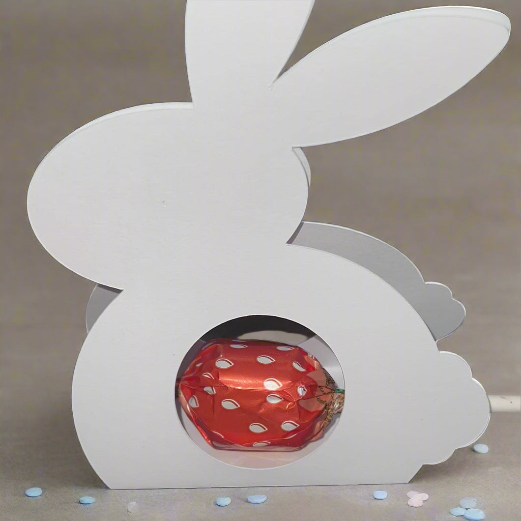 White Easter Bunny Chocolate Holder with red polka dot chocolate treat inside, reusable and personalized.